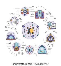 Astrology web banner. Infographics with linear icons on white background. Creative idea concept.