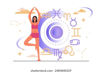 Astrology web concept with people scene in flat design. Woman making spiritual mystery, works with zodiac signs, predicts fate and reads horoscope. Vector illustration with character situation for web