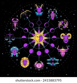 Astrology wheel with cartoon fluorescent zodiac signs on outer space background.  Star map. Horoscope vector illustration