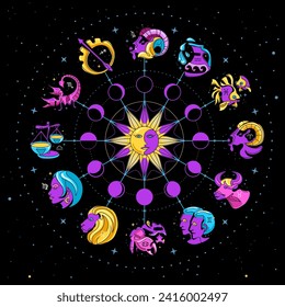 Astrology wheel with cartoon fluorescent zodiac signs on outer space background.  Star map. Horoscope vector illustration