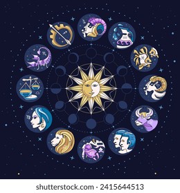Astrology wheel with cartoon zodiac signs on outer space background.  Star map. Horoscope vector illustration