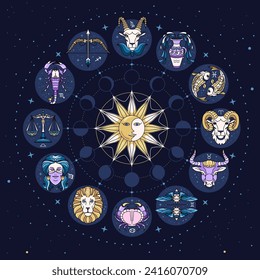 Rueda de astrología con caricatura de signos zodiacales sobre el fondo del espacio ultraterrestre.  Mapa de estrellas. Ilustración vectorial del horóscopo