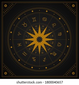 Astrology wheel with zodiac signs in boho style. Mystery and esoteric. Horoscope vector illustration. Spiritual tarot poster. Magic occult tarot cards.