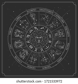 Astrology wheel and zodiac signs and constellation map  Realistic illustration  zodiac signs  Horoscope vector illustration