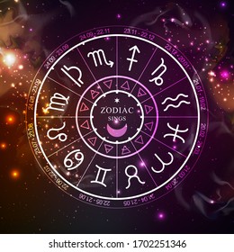 Astrology wheel with zodiac signs on open space background. Horoscope vector illustration