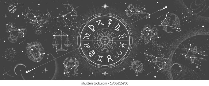 Astrology wheel with zodiac signs on constellation map background. Realistic illustration of  zodiac signs. Horoscope vector illustration - Shutterstock ID 1708615930