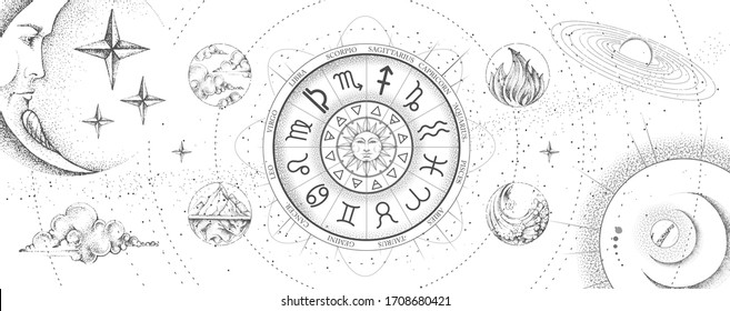 Astrology wheel with zodiac signs on outer space background. Four elements. Star map. Horoscope vector illustration