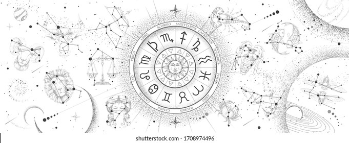 Astrology wheel and zodiac signs constellation map background  Realistic illustration  zodiac signs  Horoscope vector illustration