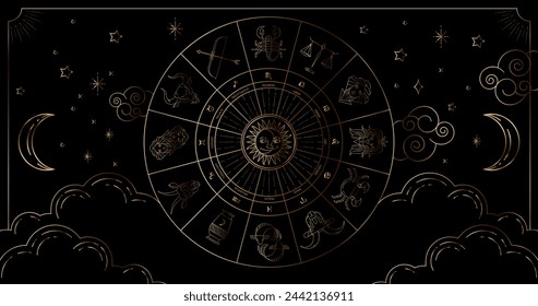 Astrology wheel with zodiac signs on star background. Realistic illustration of zodiac signs. Horoscope vector illustration