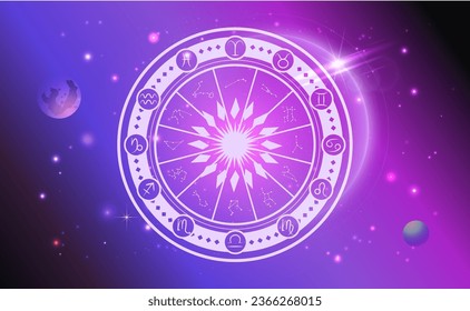 Astrology wheel with zodiac signs in outer space background. Mystery and esoteric. Star map. Horoscope vector illustration. Spiritual tarot poster.