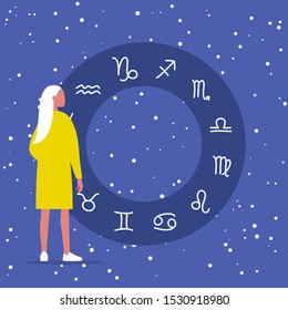 Astrology: Young female character looking at Zodiac signs