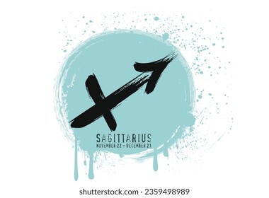 astrology of the zodiac, Brush hand drawn Calligraphic zodiac signs, Grunge Round zodiac sign Sagittarius. Vector astrology illustration with brush stroke drawing.