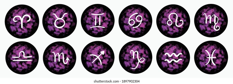 Astrology zodiac planet set sign symbol with purple pink brush element. Aries, leo, sagittarius. Magical round black icon isolated on white background. Hand drawn illustration. Taurus, virgo, cancer.