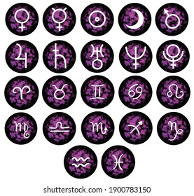 Astrology zodiac planet set sign symbol with purple pink brush element. Aries, leo, sagittarius. Magical round black icon isolated on white background. Hand drawn illustration. Taurus, virgo, cancer.