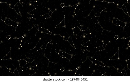 Astrology Zodiac print pattern night golden silver constellations of stars sky 