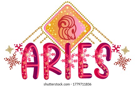 Astrology zodiac sign. Aries lunar sign label. Horoscope vector symbol. Vedic moon sign sticker. Star snowflake patterns illustration. Fancy bold lettering text.