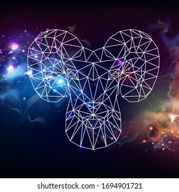 Astrology zodiac sign Aries on dark open space background. Abstract Polygonal head of ram or mouflon