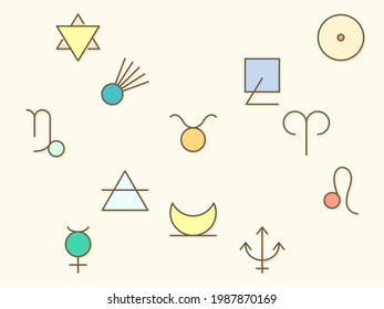 Astrología y elemento de signo zodiaco Ilustración vectorial. aspectos, asteroides, elementos, luna, planetas, alquimia, fortuna, constelación y más. Ilustración plana.