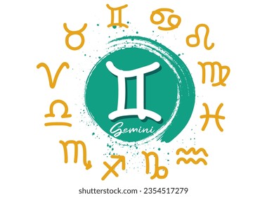 astrology of the zodiac, Sign of the zodiac Gemini, Grunge Round zodiac sign Gemini. Vector astrology illustration with brush stroke drawing, part of zodiac collection