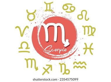 astrology of the zodiac, Sign of the zodiac scorpio, Grunge Round zodiac sign scorpio. Vector astrology illustration with brush stroke drawing, part of zodiac collection