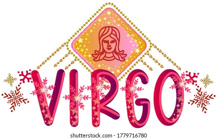 Astrology zodiac sign. Virgo lunar sign label. Horoscope vector symbol. Vedic moon sign sticker. Star snowflake patterns illustration. Fancy bold lettering text.