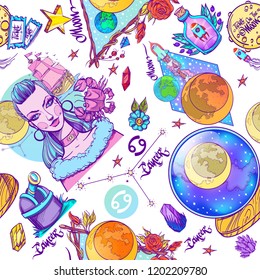 Astrology and zodiac signs fantastic seamless pattern.