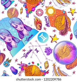 Astrology and zodiac signs fantastic seamless pattern.