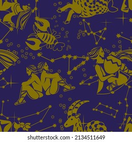 Astrology and Zodiac Signs. Seamless background  for fabrics, textiles, packaging and wallpaper. Vintage Style Engraving.  Vector illustration