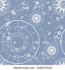 Astrology and Zodiac Signs. Seamless background for fabrics, textiles, packaging and wallpaper. Vector illustration