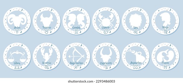 Astrology zodiac signs set, mystical round icons. Esoteric symbols for logo or icons. Pastel colors, vector	