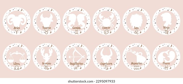 Astrology zodiac signs set, mystical round icons. Esoteric symbols for logo or icons. Pastel colors, vector	
