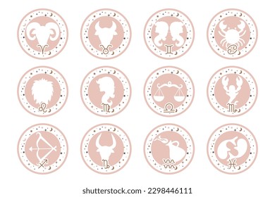 Astrology zodiac signs set, mystical round icons. Esoteric symbols for logo or icons. Pastel colors, vector	
