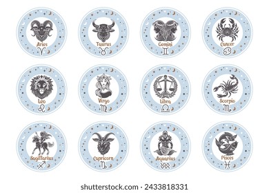 Astrology zodiac signs set, mystical round icons. Esoteric symbols for logo or icons. Pastel colors, vector
