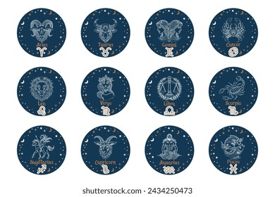 Astrology zodiac signs set, mystical round icons. Esoteric symbols for logo or icons. Vector