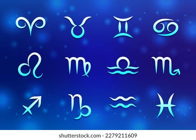 Astrology Zodiac Signs in Space. Horoscope Symbols on Starry Background: Aries, Taurus, Gemini, Cancer, Leo, Virgo, Libra, Scorpio, Sagittarius, Capricorn, Aquarius, Pisces