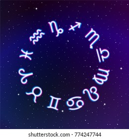 Astrology Zodiac signs wheel with twelve neon symbols in space. Full astrologic year for New Years prognosis