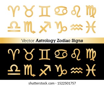 Astrology Zodiac Sun Signs, twelve gold horoscope symbols:  Cancer, Leo, Libra, Virgo, Scorpio, Sagittarius, Capricorn, Aquarius, Pisces, Aries, Taurus, Gemini, isolated on black and white.  