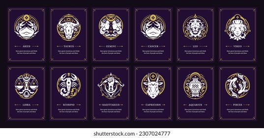 Astrology zodiac symbol esoteric horoscope vintage poster ornament with purple background design template set vector illustration. Astrological lunar calendar signs with description future prediction