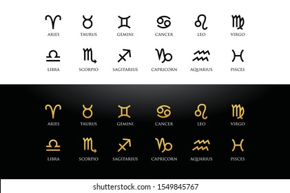 astrology zodiac symbols. Black and Gold Version.