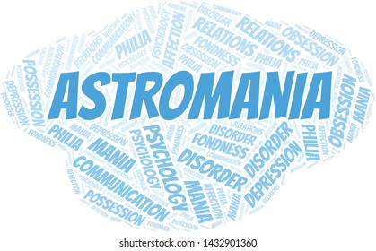 Astromania word cloud. Type of mania, made with text only.
