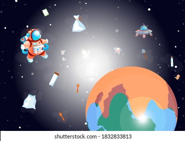 Astronaunt in special spacesuit is exploring the space. A man in an spaceman suit flies to another planet and garbage in space. Rubbish around the planets.