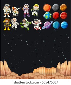 Astronaunts and different planets in universe illustration