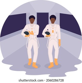 Astronaunts entering spaceship 2D vector isolated illustration. Space crew. Cosmonauts walking inside shuttle flat characters on cartoon background. Cosmic exploration colourful scene