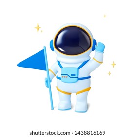 Astronaut 3D-Charakter. Isolierter Raumfahrer im Anzug, der mit Flagge und Sternen um ihn herum steht. Realistischer Rendervektor-Kosmonaut, der den Weltraum erforscht