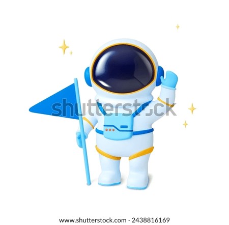 Astronaut 3d character. Isolated spaceman in suit standing with flag and around him stars. Realistic render vector cosmonaut, exploring space
