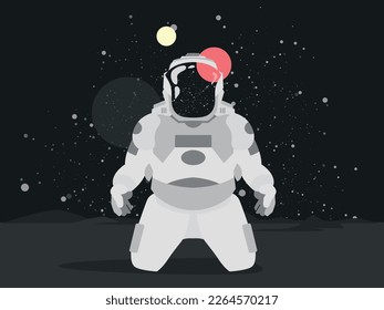 Astronauta en diseño espacial abstracto con planeta y estrellas detrás