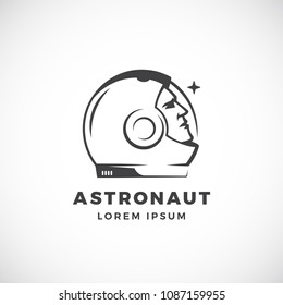 Astronaut Abstract Vector Sign, Emblem, Icon Or Logo Template. Face In A Space Suit Helmet Silhouette Looking At The Star. Isolated.