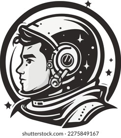 Astronaut Abstract Vector Sign, Emblem, Icon or Logo Template. Face in a Space Suit Helmet Silhouette Looking at the Star. Isolated.