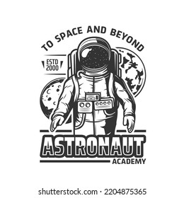 Astronautensymbol, Vektorsymbol mit Kosmonaut im Weltraumanzug. Monochrom-Label-Forscher, Raumfahrer in Rüstung und Sternenreflexion in Glashelmen, Mond- und Erdplaneten im Universum