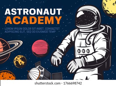 Astronaut academy. Spaceman traveling in galaxy or outer space with stars, satellite and Moon, Saturn and Mars, Venus and Jupiter planets. Galaxy exploration and discovery, science